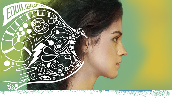 Banner Falar pode mudar tudo - rosto de uma mulher de perfil com ilustrações de pensamento e preconceito. 