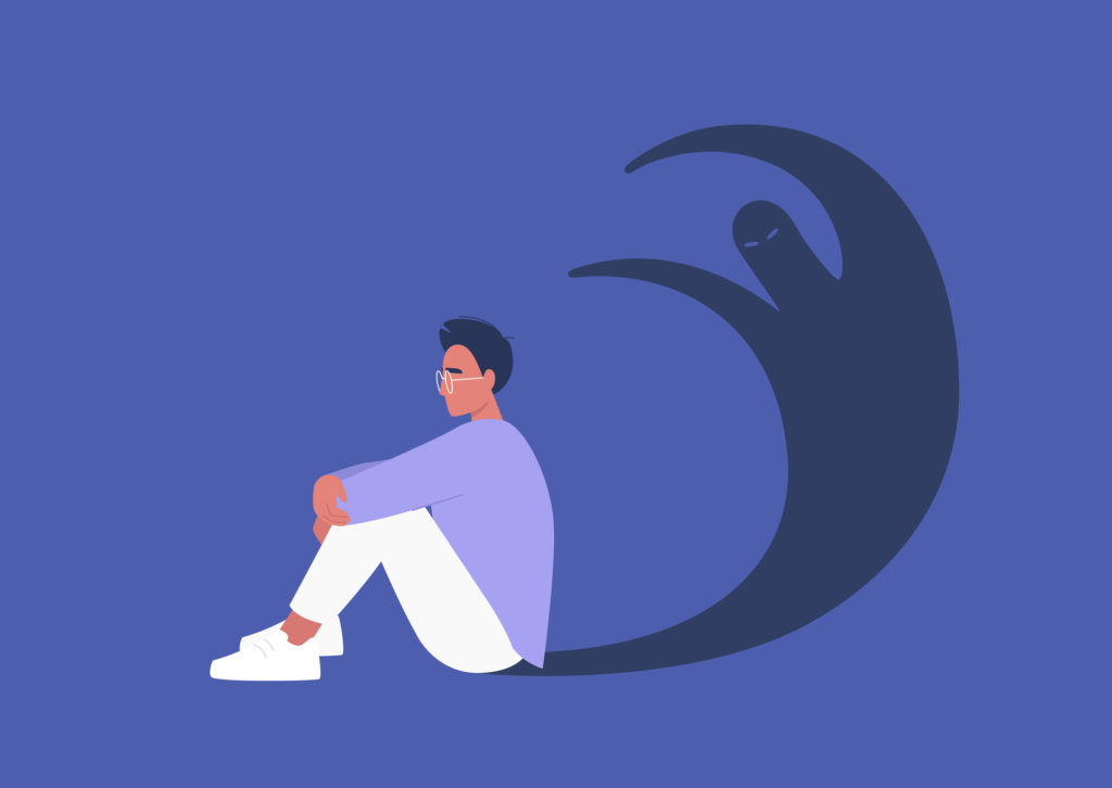 Ilustração – menino sentado pensativo como sinal de transtornos mentais. 