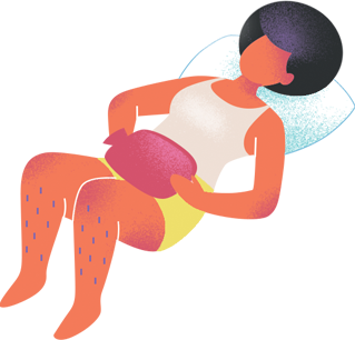 Ilustração de uma mulher deitada com sintomas de menstruação - cólica. 