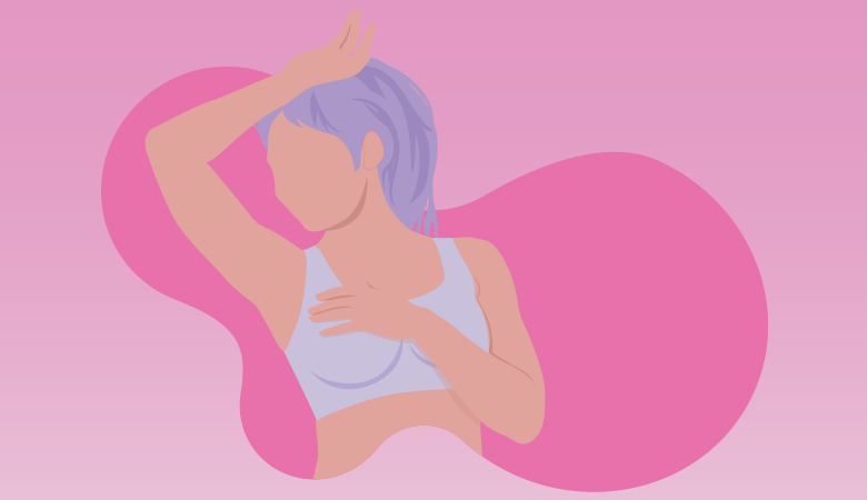 ilustração de uma mulher realizando toque nos seis para verificação do câncer de mama