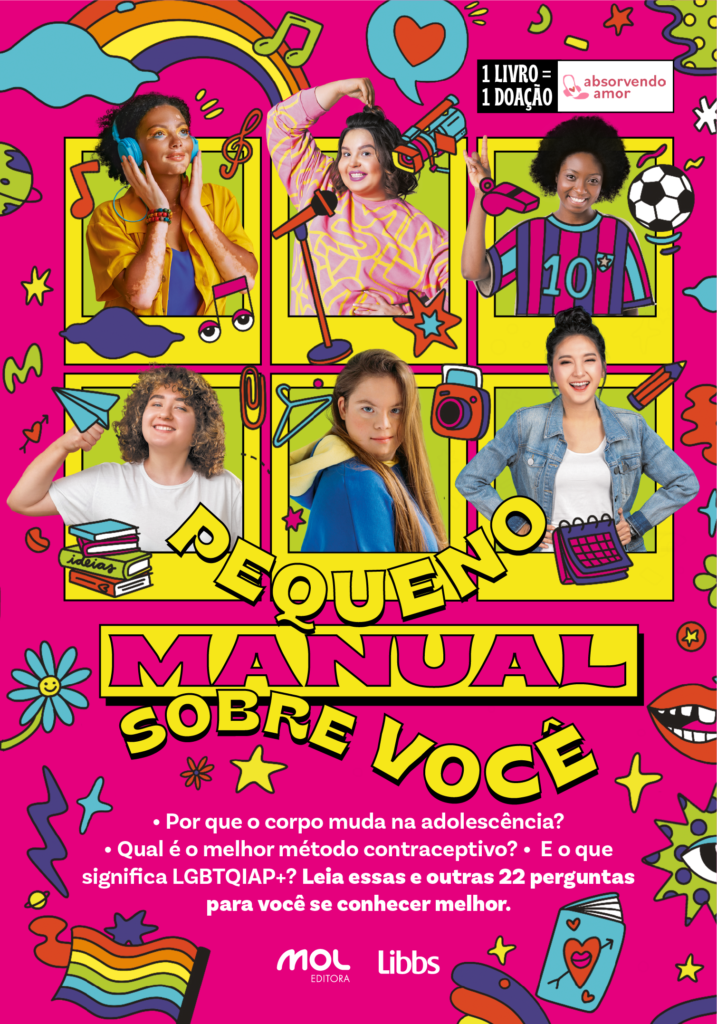 Capa do livro Pequeno manual sobre você, com imagens de mulheres e ilustrações chamativas sobre o assunto. 