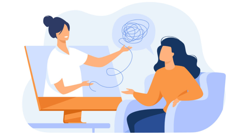 Ilustração de uma paciente e psicóloga em uma sessão de psicoterapia.