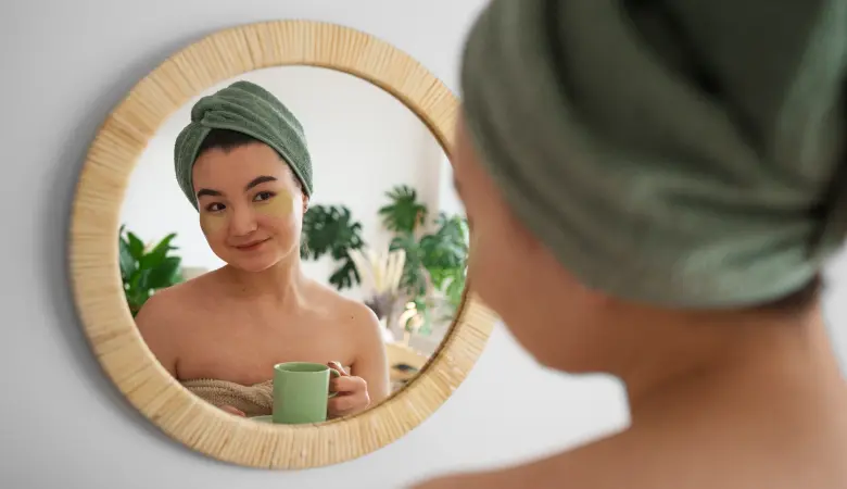 Mulher em frente ao espelho fazendo skincare com toalha enrolada na cabeça
