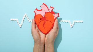 Duas mãos seguram um recorte de papel em formato de coração humano contra um fundo azul-claro, com linha pontilhada branca formando linha de ritmo cardíaco de eletrocardiograma (ECG).