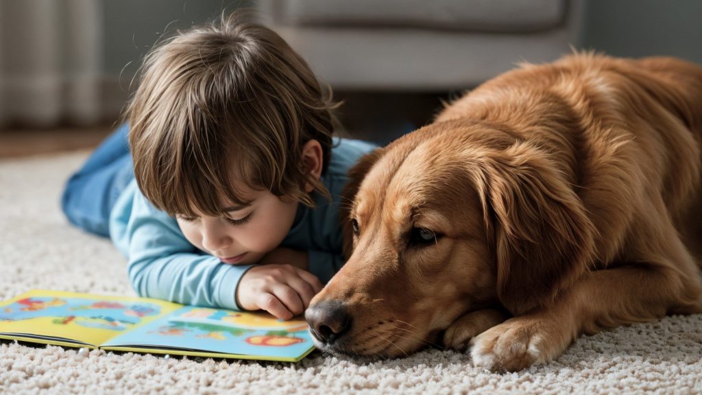 criança deitada no chão lê um livro infantil ao lado de um cachorro da raça labrador
