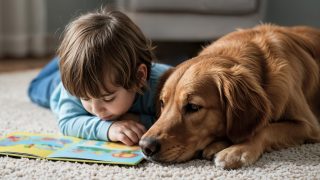 criança deitada no chão lê um livro infantil ao lado de um cachorro da raça labrador